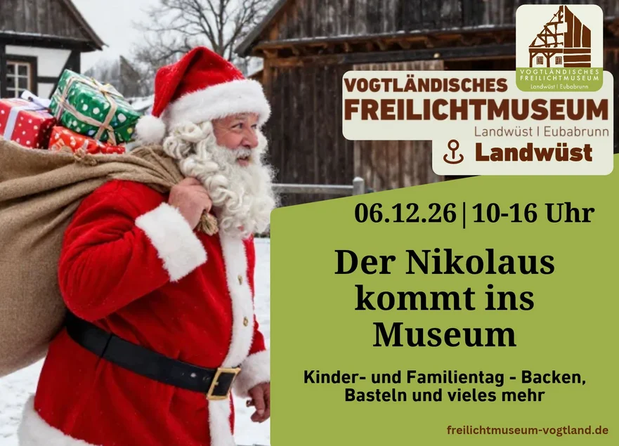 Der Nikolaus kommt ins Museum Nikolaus mit Geschenkesack auf der linken Seite, auf der rechten Seite Titel und Datum der Veranstaltung