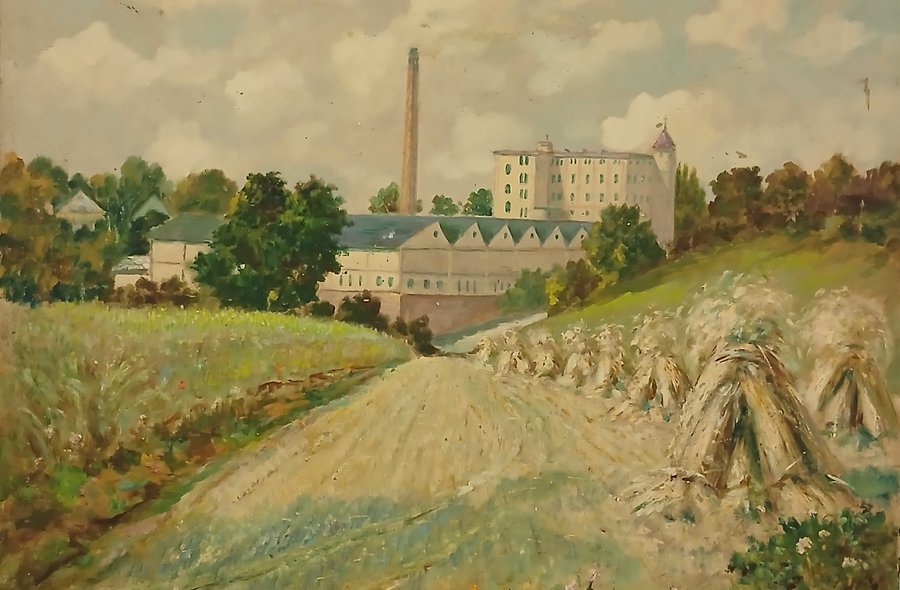 Museumscafé zu Darstellungen lokaler Künstler der Stadt Glauchau Gemälde, das den Blick schweifen lässt von einer ländlichen Wiese am Stadtrand zu einer Fabrik mit Schlot und, dahinter, einem großen Schloss mit Türmchen