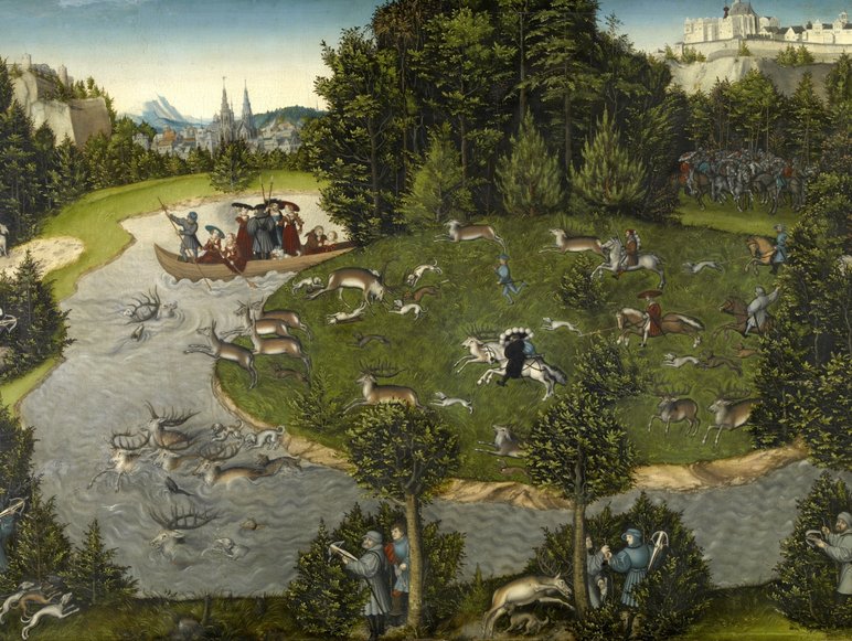 Historisches Gemälde einer Jagdszene mit adeligen Jägern zu Pferd, Jagdhunden und fliehenden Hirschen in einer waldreichen Landschaft. Im Hintergrund eine Stadt mit gotischen Türmen und eine Burg auf einem Hügel.