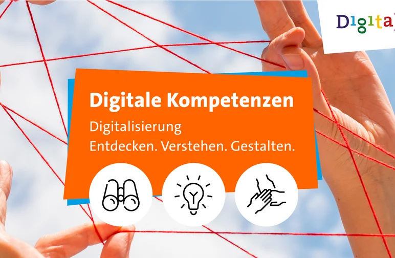 Digitaltag 2023 Unter einer orange-farbenen Textbox mit dem Motto des Digitaltags 2023 „Digitalisierung – Entdecken. Verstehen. Gestalten“ befindet sich das Foto dreier Hände, die über ein Netzwerk roter Fäden miteinander verbunden sind.