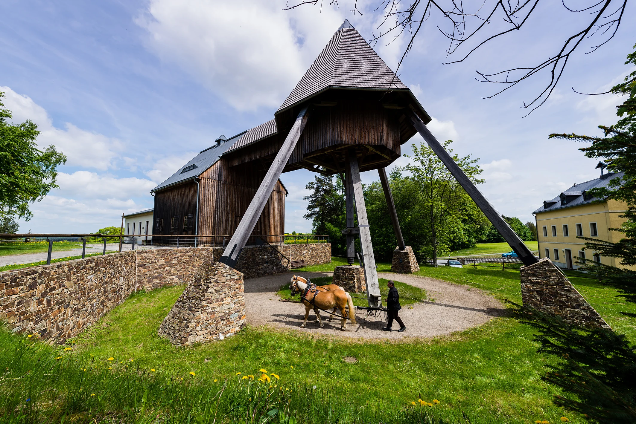Echte Pferdestärke erwartet die Gäste im Besucherbergwerk Pferdegöpel in Lauta. Unter einem zeltähnlichem Gebäude führt eine Person ein Pferd mit einem kleinen Wagen im Kreis.