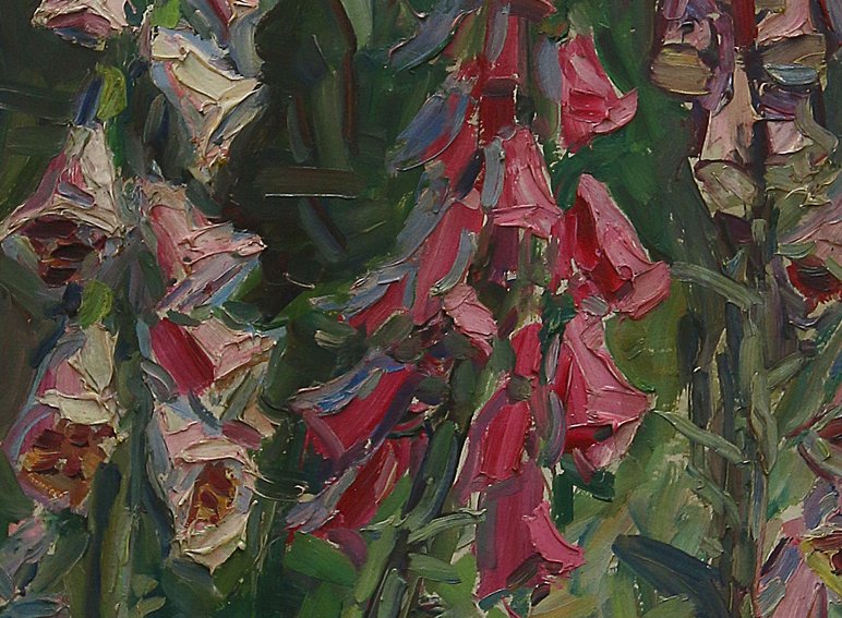 Das Bild zeigt einen Ausschnitt aus einem farbigen Ölgemälde, auf dem mehrere Fingerhutpflanzen dargestellt sind.