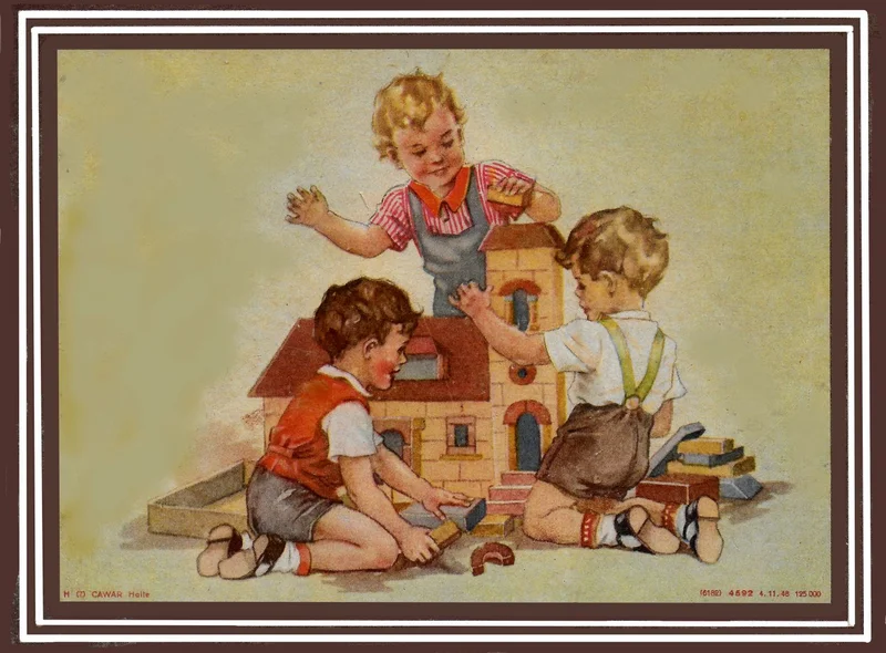 Die farbige Zeichnung zeigt drei Kinder beim Bauen eines Gebäudes mit Holzbausteinen