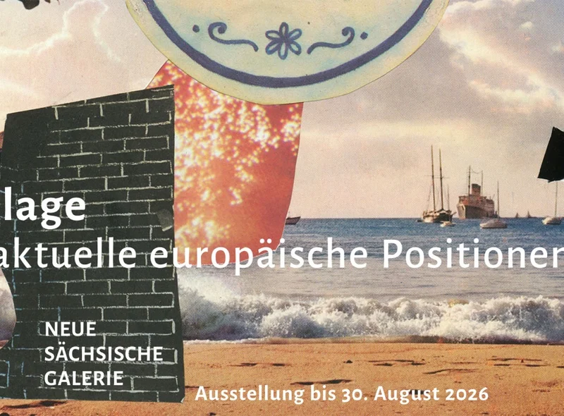Motiv des Banners zur Ausstellung "Collage Aktuelle europäische Positionen" in der Neuen Sächsischen Galerie ist eine Collage