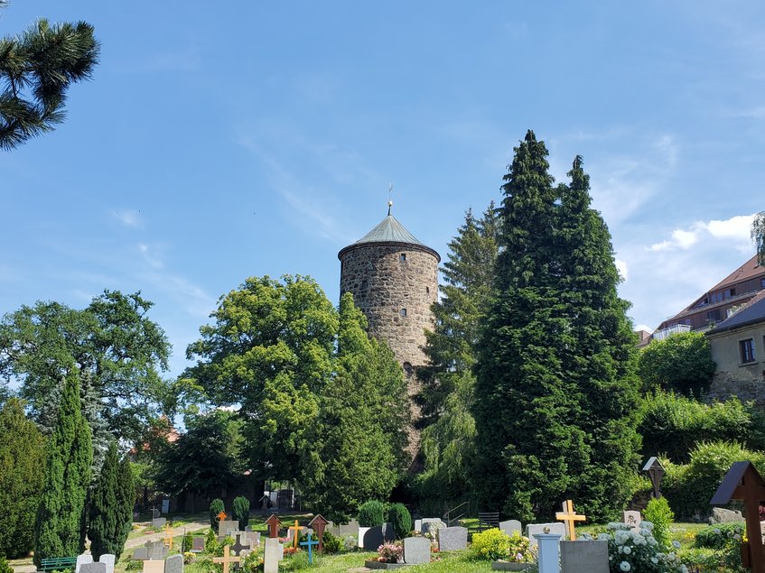 Das Foto zeigt den Nikolaiturm in Bautzen hinter Bäumen