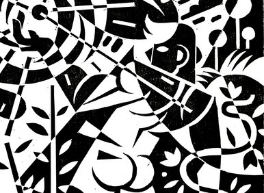 Luke Carter, „Licht“ (Ausschnitt), Holzschnitt, 26 x 34 cm, 2024, Auflage von 12 Nichtgegenständliche, aus schwarzen und weißen Flächen unterschiedlicher Formen bestehende Grafik. Von links oben scheint eine Sonne den Bildausschnitt zu bestrahlen, im unteren Bereich ist eine Form erkennbar, die einen nackten Po erahnen lässt.