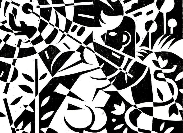Nichtgegenständliche, aus schwarzen und weißen Flächen unterschiedlicher Formen bestehende Grafik. Von links oben scheint eine Sonne den Bildausschnitt zu bestrahlen, im unteren Bereich ist eine Form erkennbar, die einen nackten Po erahnen lässt.