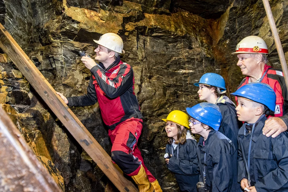 Zwei Erwachsene und vier Kinder mit Helmen und Schutzumhängen stehen an einer Leiter im Bergwerksstollen.