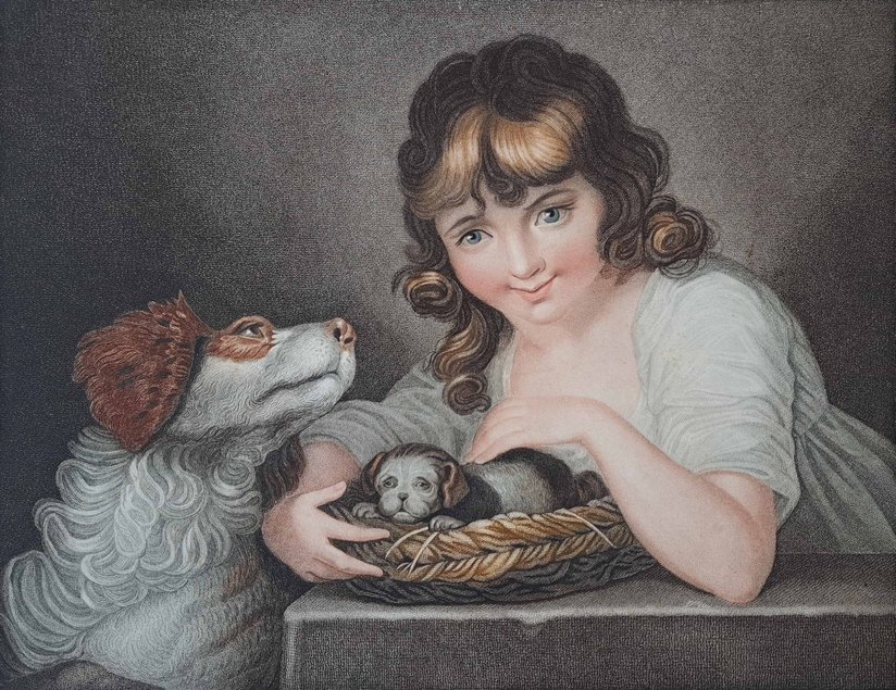 Historische Grafik eines Mädchens, das sich über ein Körbchen mit einem Welpen beugt, daneben ein Hund, der das Mädchen anblickt