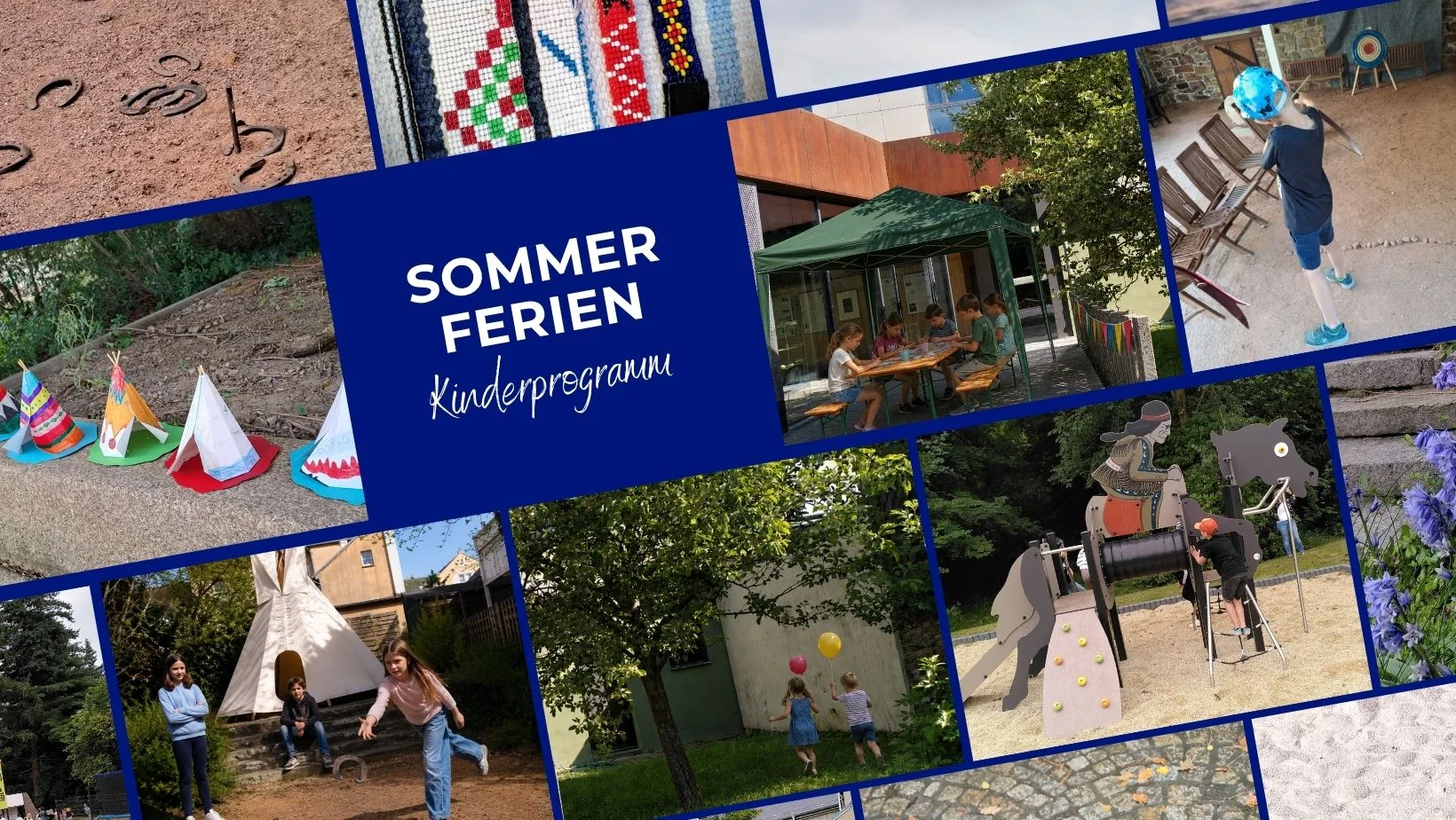 Ferienprogramm im Karl-May-Haus Sommerferien-Programmplakat zeigt spielende Kinder im Karl-May-Haus, im Lapidarium und auf dem Karl-May-Spielplatz.