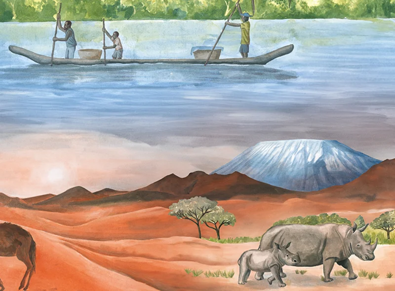 Street Art des Künstlers Sansão. Im unteren Bereich sind Wüste und Steppe mit Nashörnern und einem Kamel. Der Himmel über dem Berg Kilimandscharo geht in das Blau eines Flusses über, auf dem 3 Männer Körbe auf einem schmalem Boot transportieren.
