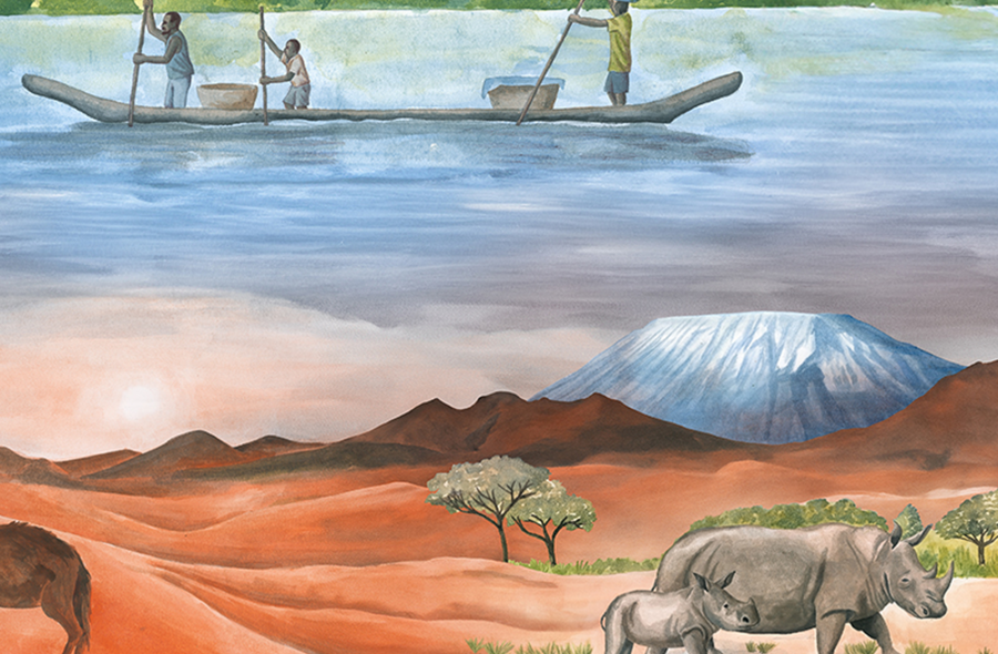 Mama Afrika Street Art des Künstlers Sansão. Im unteren Bereich sind Wüste und Steppe mit Nashörnern und einem Kamel. Der Himmel über dem Berg Kilimandscharo geht in das Blau eines Flusses über, auf dem 3 Männer Körbe auf einem schmalem Boot transportieren.