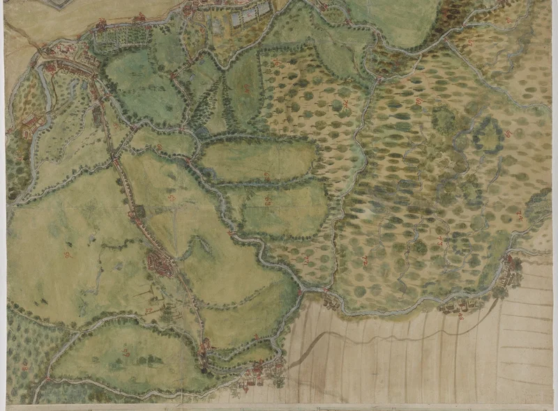 Historischer Stadt- und Gewässerplan von Leipzig, der größtenteils von einer Auen- und Flusslandschaft eingenommen wird