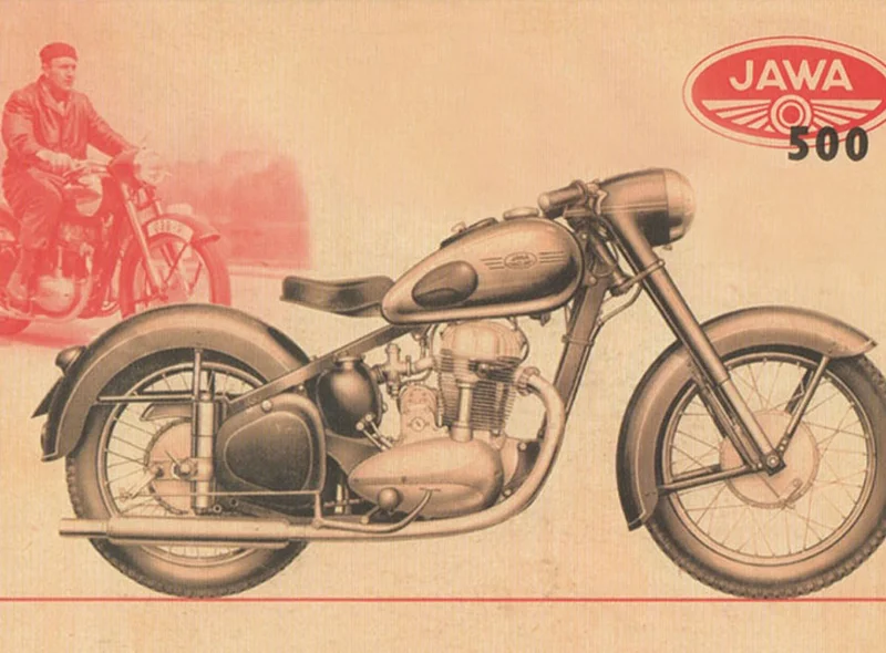 Werbeanzeige im Gestaltungsstil von ca. 1930 mit Grafiken eines Motorrads und eines Motorradfahrers