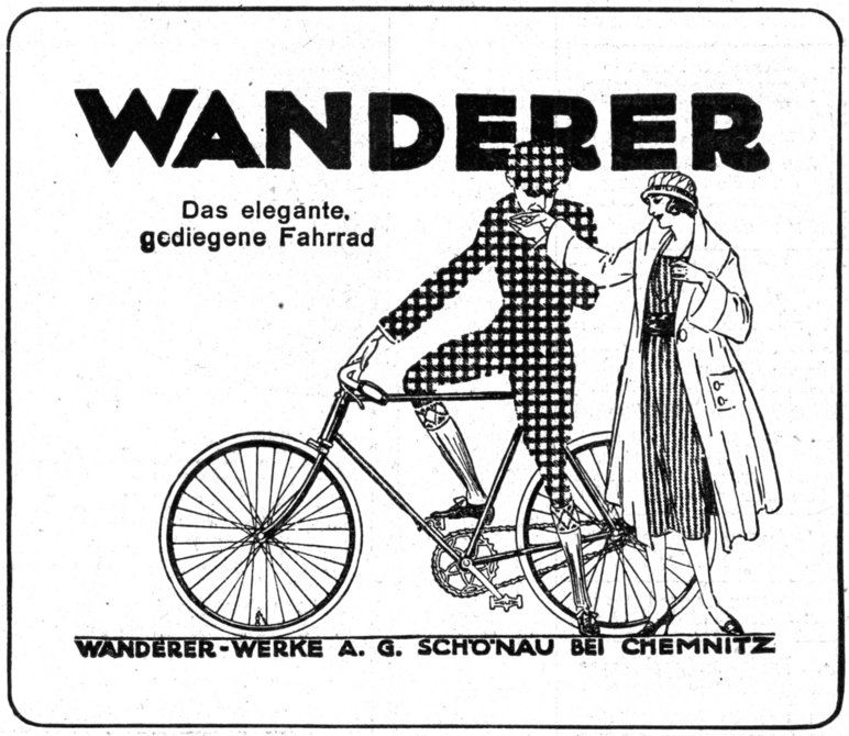 Historische Wanderer-Werbung mit einem Fahrrad und zwei Personen