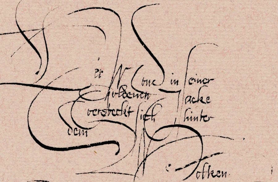 Heinz Schumann, Zu einem Text von Erich Kästner, 1979, Tusche auf Ingrespapier, 24 x 15,5 cm (Ausschnitt), Leihgabe Nachlass Heinz Schumann In geschwungenen, schwarzen Tusche-Linien kalligrafisch ausgeführter kurzer Text
