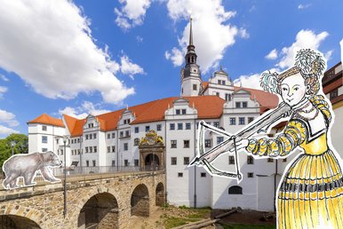 Bärenhatz auf Schloss Hartenfels Collage, auf der Illustrationen eines Bären und einer Prinzessin mit Pfeil und Bogen vor dem Foto eines Schlosses angeordnet sind