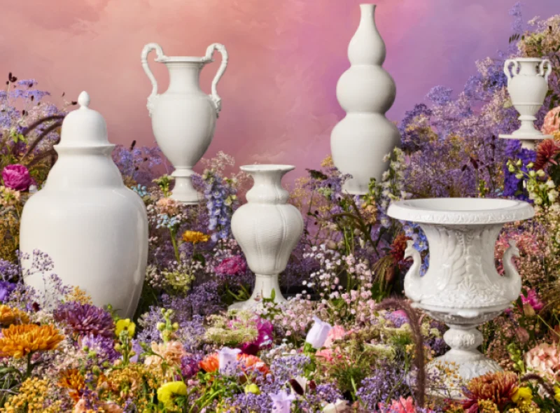 Collage, in der sechs weiße Porzellan-Objekte auf einem Wildblumen-Bett angeordnet sind