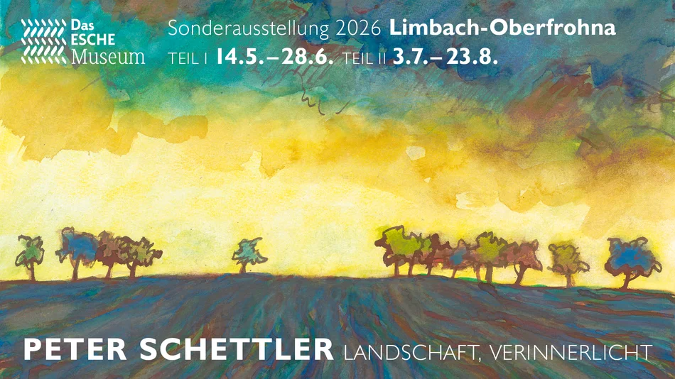 Plakatmotiv ist Landschaftsgemälde mit hellem Himmel, darüber Ausstellungstitel: Peter Schettler, Landschaft, verinnerlicht.