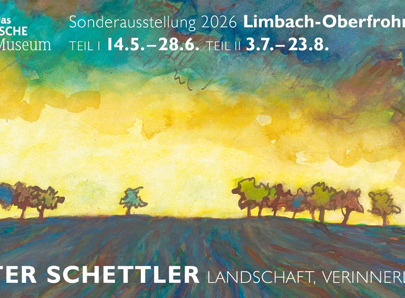 Plakatmotiv ist Landschaftsgemälde mit hellem Himmel, darüber Ausstellungstitel: Peter Schettler, Landschaft, verinnerlicht.