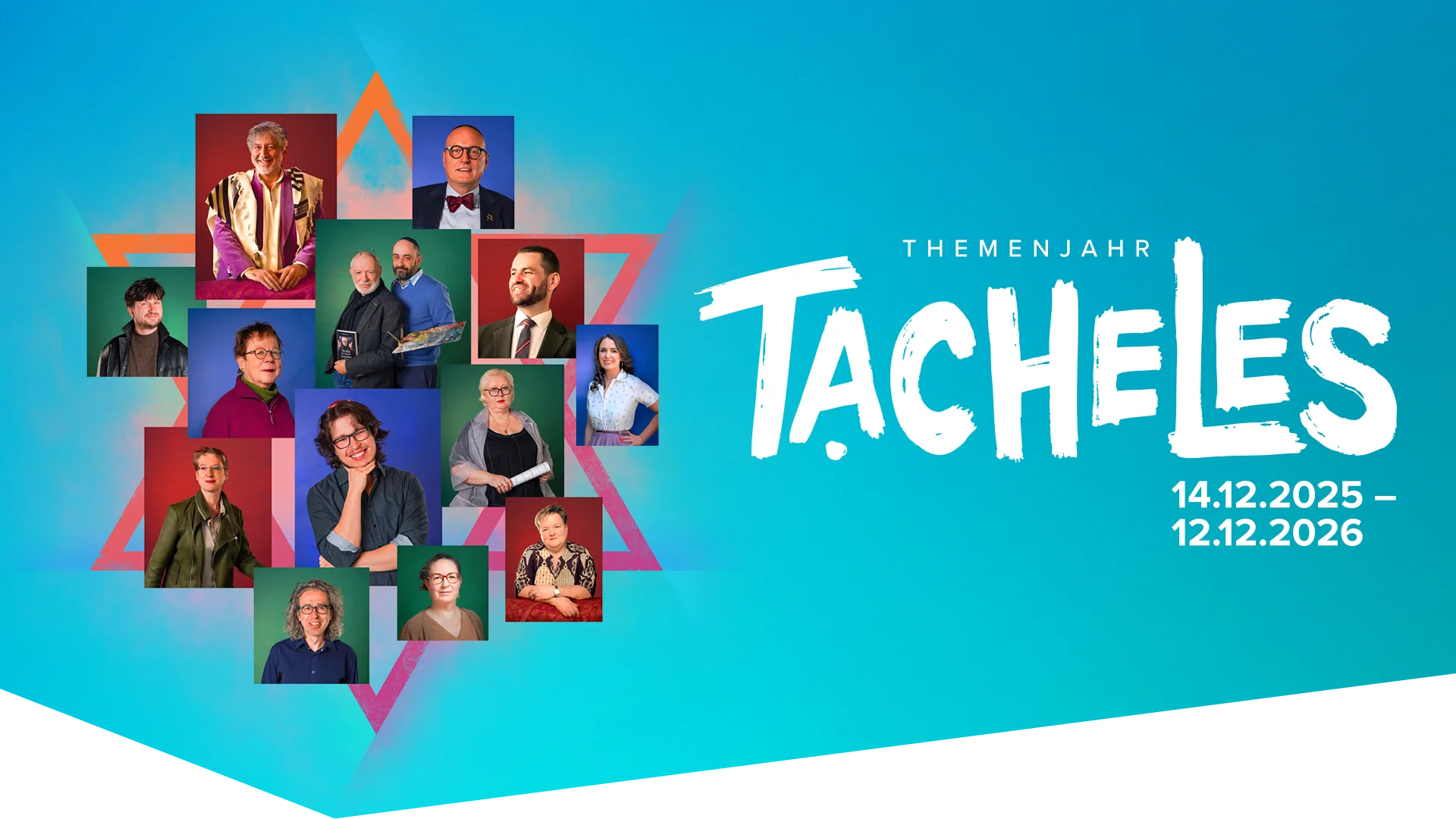 Werbemotiv des Themenjahres, in dem Porträtfotos verschiedener Menschen innerhalb eines Davidsterns angeordnet sind