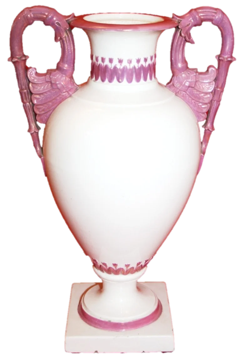 Weiße Porzellan-Vase mit rosafarbenen Verzierungen aus der Fabrik Hubertusburg