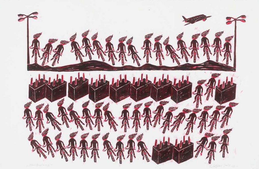 Wolfgang Smy, „Der Ausweg“, 2021, 56 x 83 cm, Linol coloriert Das Foto zeigt den kolorierten Linolschnitt „Der Ausweg“, den der Künstler Wolfgang Smy 2021 geschaffen hat.