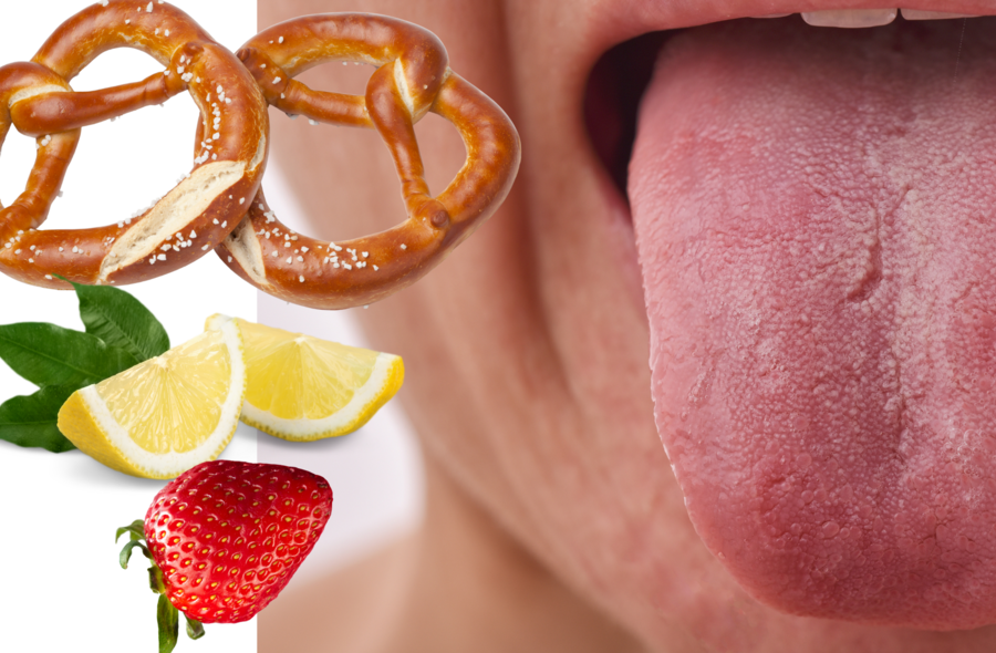 Die Collage zeigt die Nahaufnahme einer unteren Gesichtshälfte mit ausgestreckter Zunge, daneben zwei Salzbrezeln, zwei Stück Zitrone und eine Erdbeere.