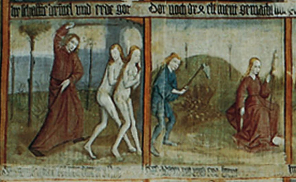 Detail: Vertreibung aus dem Paradies, Adam und Eva bei der Arbeit