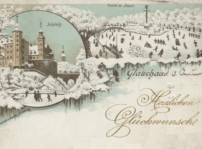 Glückwunschkarte mit Zeichnungen von Schloss und Park der Stadt Glauchau im Winter, handschriftlich datiert 3. Januar 1893