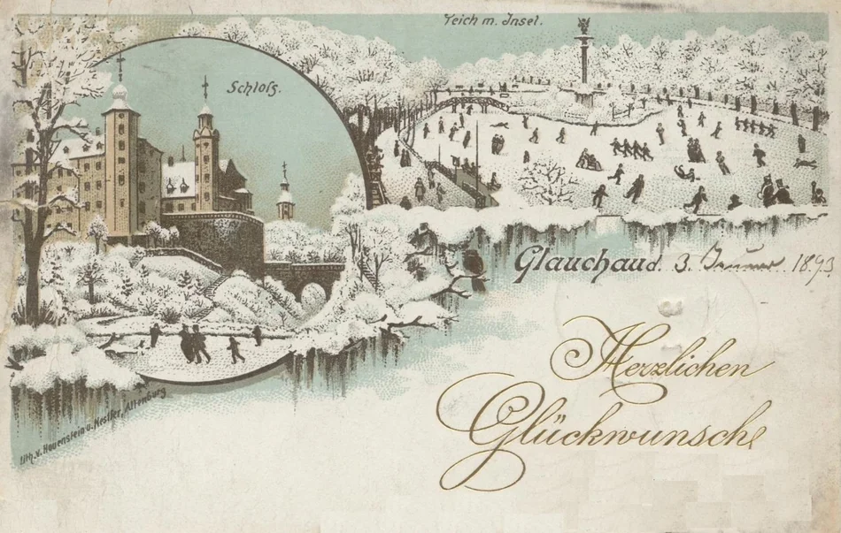 Historische Postkarte zum neuen Jahr Glückwunschkarte mit Zeichnungen von Schloss und Park der Stadt Glauchau im Winter, handschriftlich datiert 3. Januar 1893