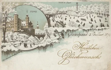 Historische Postkarte zum neuen Jahr Glückwunschkarte mit Zeichnungen von Schloss und Park der Stadt Glauchau im Winter, handschriftlich datiert 3. Januar 1893
