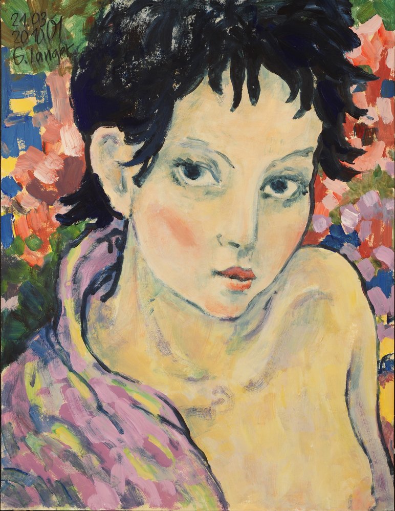 Farbiges Gemälde einer jungen Frau mit kurzem, schwarzen Haar, die den Betrachtenden ernst anblickt
