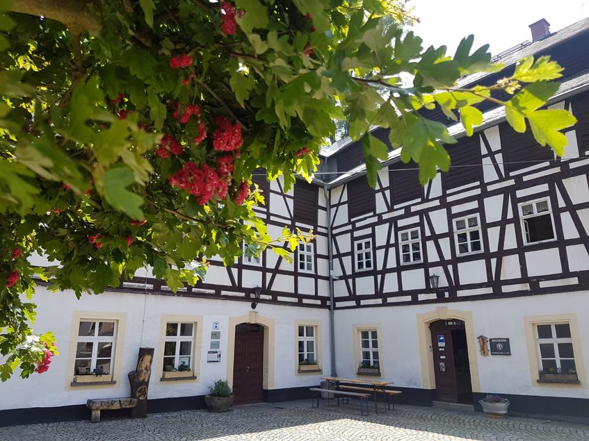 Das Foto zeigt die eine Außenansicht der Papiermühle Niederzwönitz im Sommer.