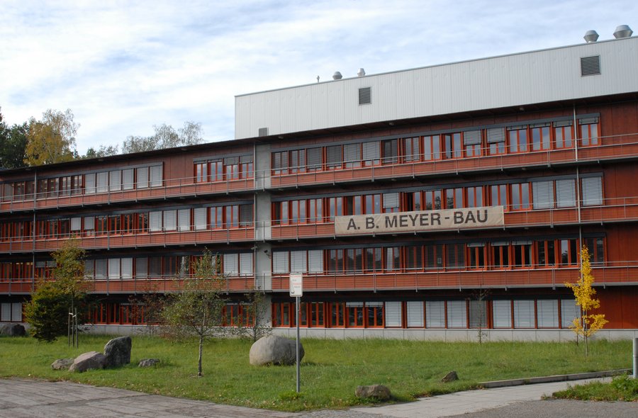 Institut A.-B.-Meyer-Bau Das Foto zeigt eine Außenansicht der Instituts A.-B.-Meyer-Bau der Senckenberg Naturhistorischen Sammlungen Dresden, eines mehrstöckigen modernen Gebäudeblocks.