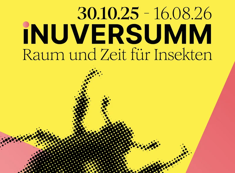 Key-Visual der Ausstellung "iNUVERSUMM - Raum und Zeit für Insekten" vom 30.10.2025 bis 16.08.2026 im Japanischen Palais in Dresden. Motiv ist die Grafik eines Käfers.