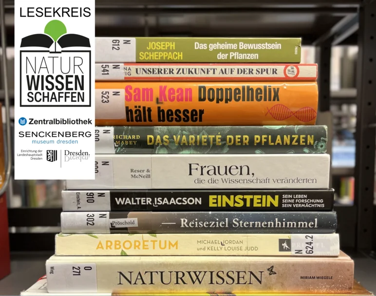 Ein Stapel mehrerer naturwissenschaftlicher Bücher. Links oben steht: Lesekreis „Naturwissen schaffen“, Zentralbibliothek und Senckenberg Museum Dresden.