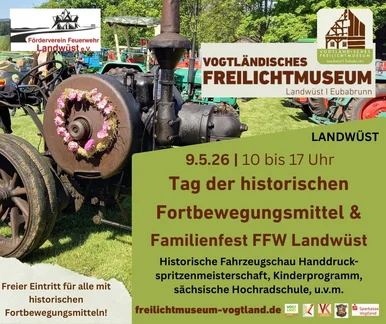 Plakatmotiv zum Tag der historischen Fortbewegungsmittel ist ein mit Blumen geschmücktes historisches Lokomobile.