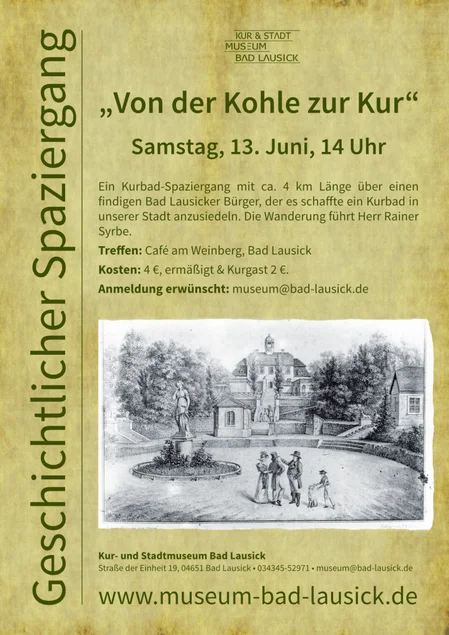 Veranstaltungsplakat Plakatmotiv zum Geschichtlichen Spaziergang "Von der Kohle zur Kur" ist eine historische Grafik aus dem Kurort Bad Lausick.