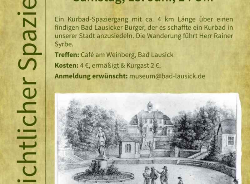 Plakatmotiv zum Geschichtlichen Spaziergang "Von der Kohle zur Kur" ist eine historische Grafik aus dem Kurort Bad Lausick.