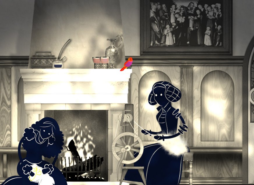 Collage in Schwarzweiß- beziehungsweise Grau-Tönen, auf der die scherenschnitt-artigen Figuren zweier Frauen vor einem historischen Kamin sitzt. Eine Frau stickt, die andere arbeitet an einem Spinnrad.