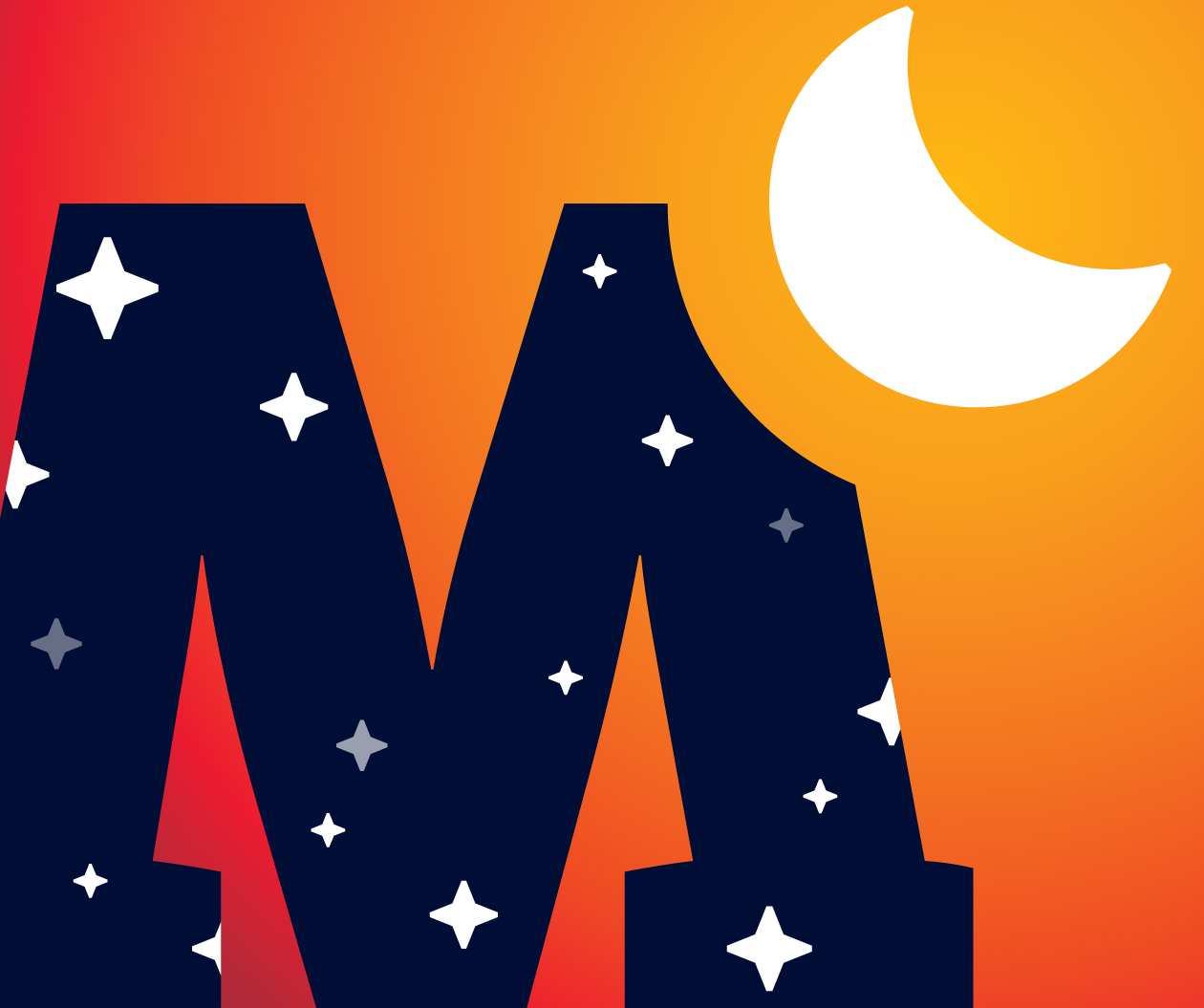 Ein dunkelblaues großes M, auf dem kleine Sterne funkeln, steht vor einem orangefarbenen Farbverlauf mit weißer Mondsichel.