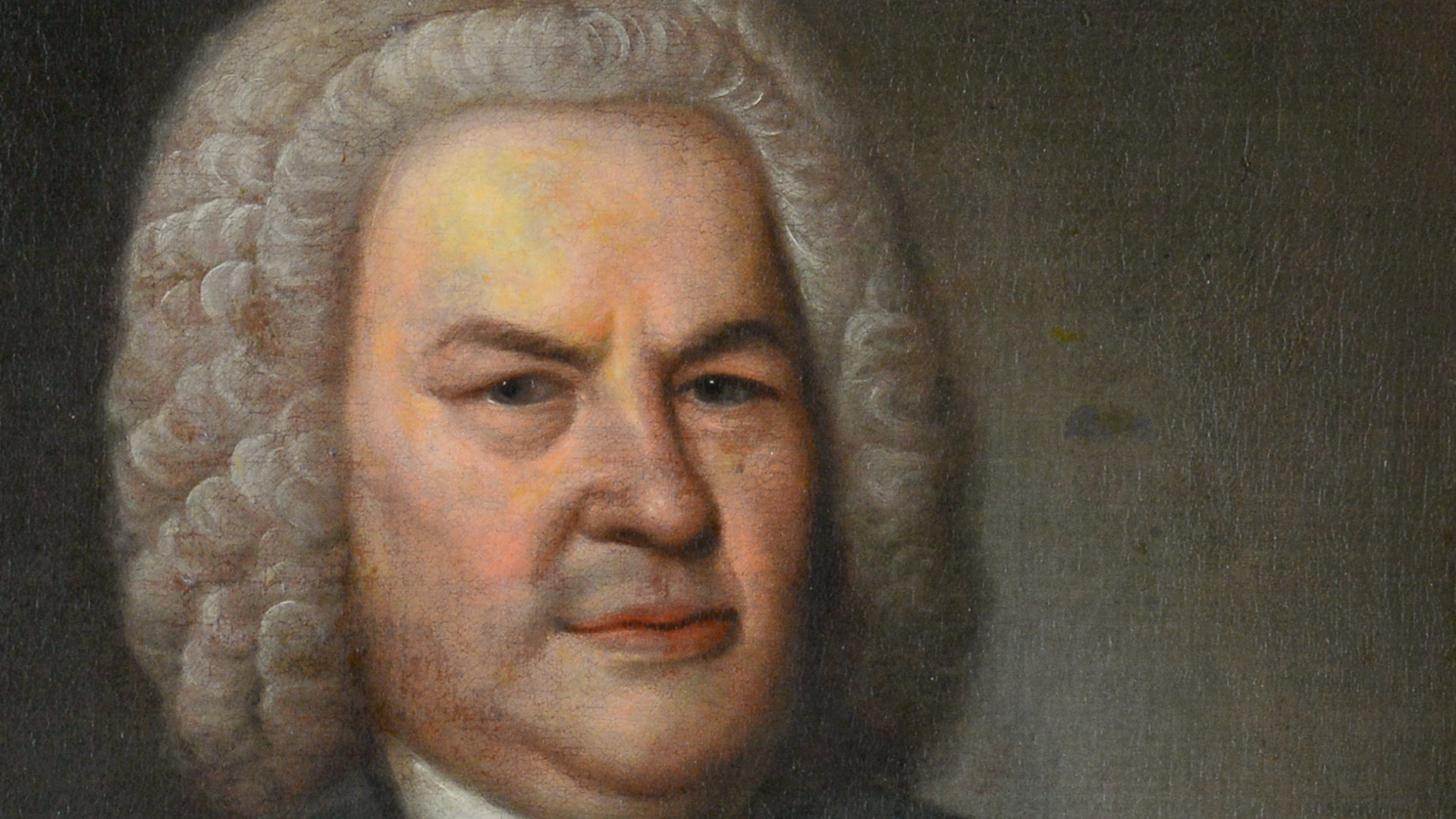 Der prägnante Kopf des Komponisten Johann Sebastian Bach mit rundlichem Gesicht und grau-gelockter Perücke