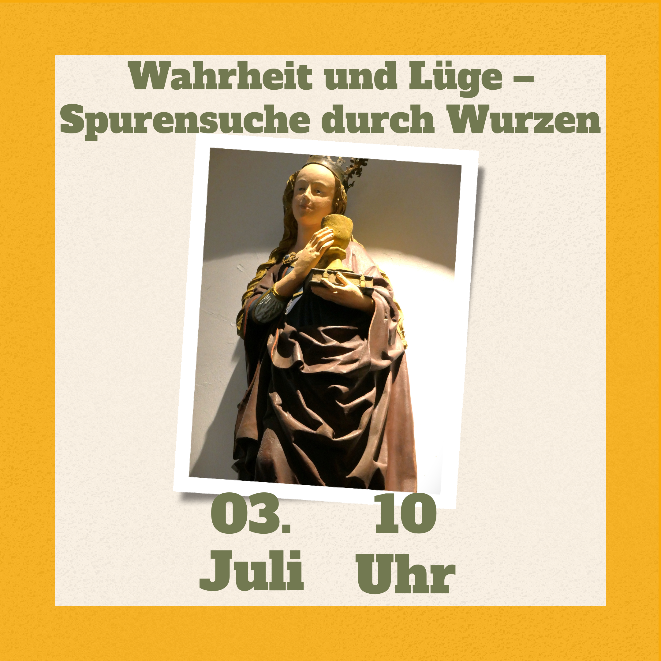 Foto der Statue einer historischen weiblichen Figur mit Krone, die einen Kelch hält