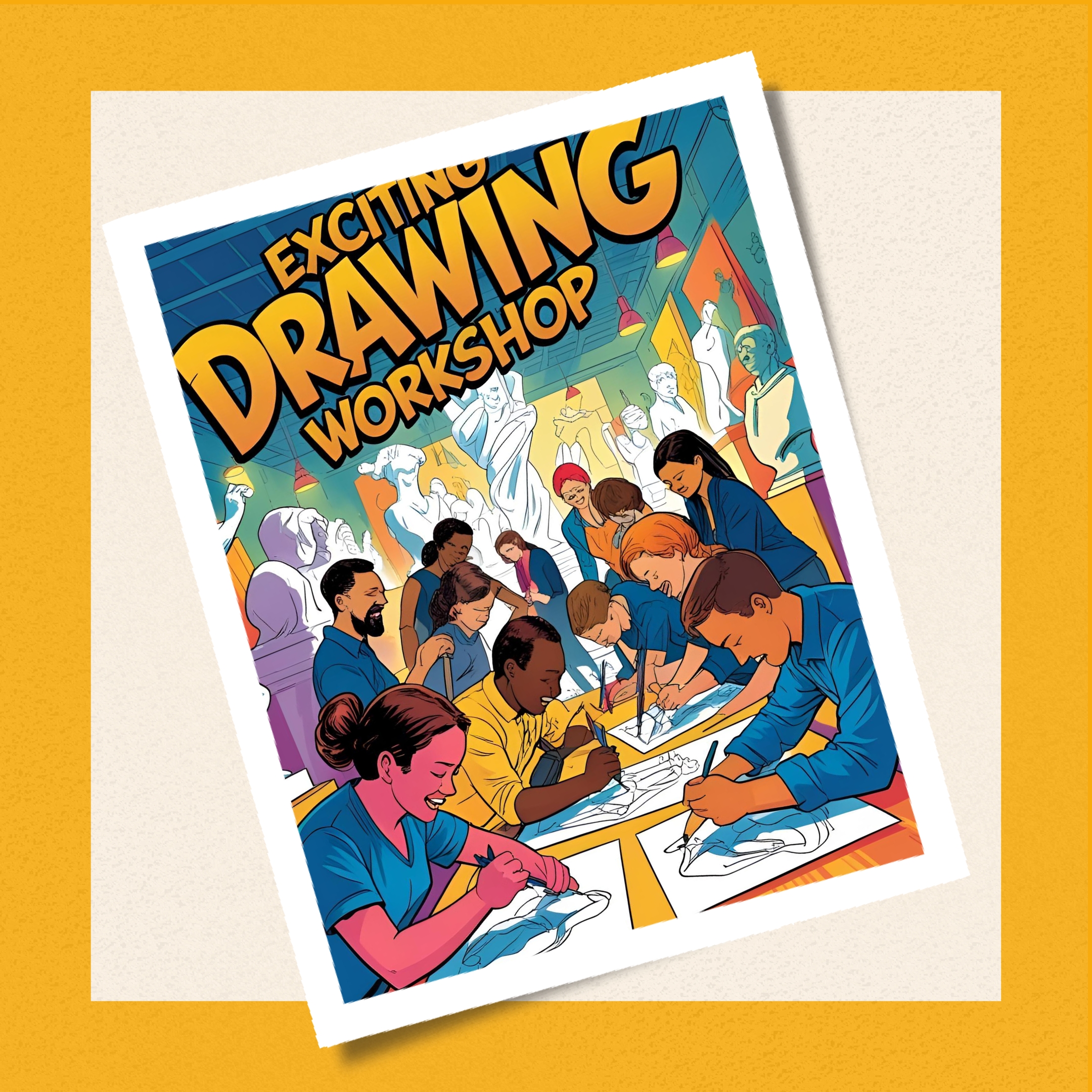Bunte, Comic-hafte Zeichnung mehrerer Personen, die an einem Tisch auf Papierblätter zeichnen. Darüber steht Cartoon-artig in englischen Großbuchstaben: "Exciting Drawing Workshop".