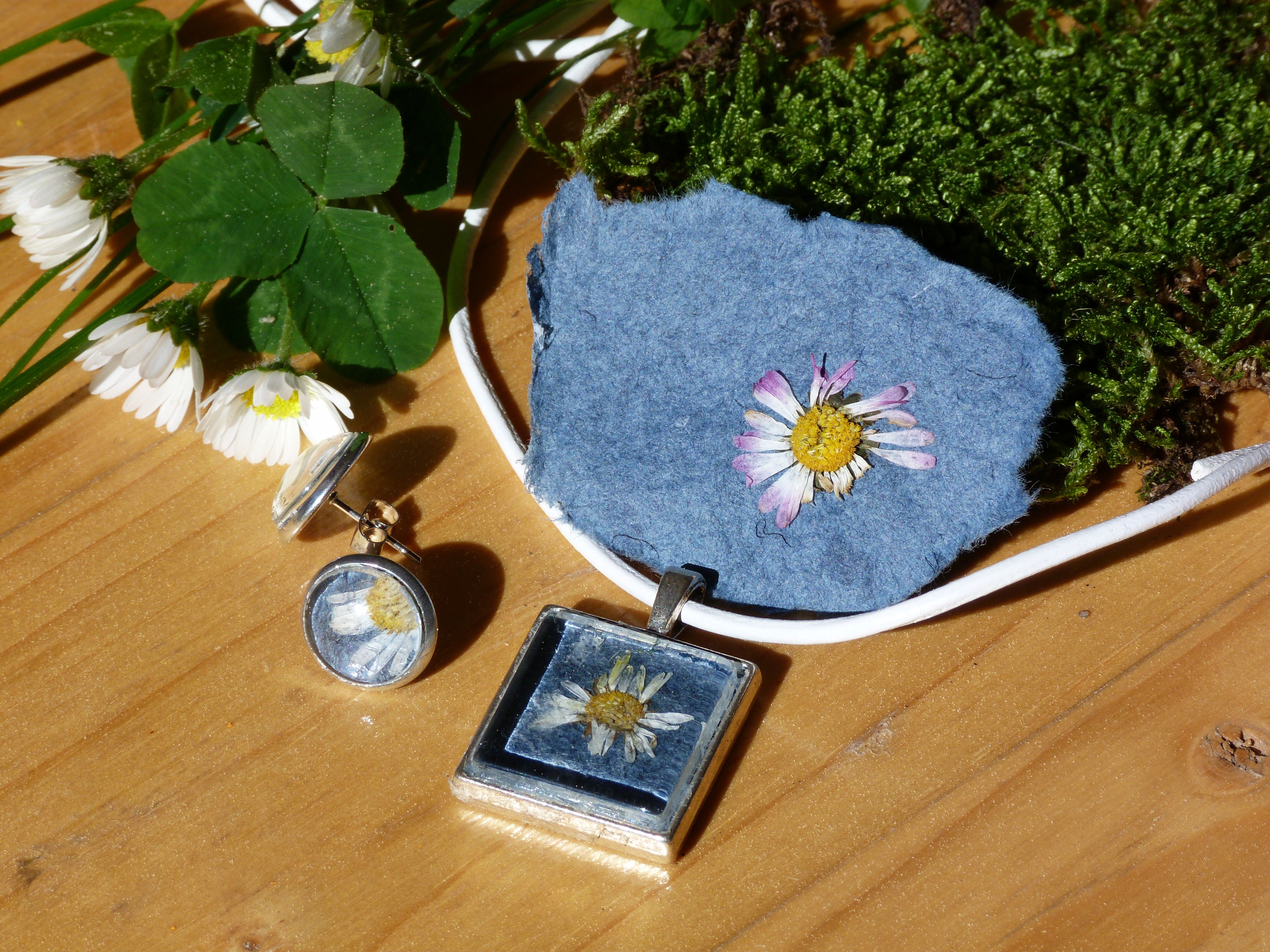 Nahaufnahme von Gänseblumen und Kleeblättern; ein Gänseblümchen liegt auf einem blauen Filz, ein zweites Gänseblümchen ist in handgeschöpftes Büttenpapier eingebracht und in einem kleinen Schmuckrahmen gefasst.