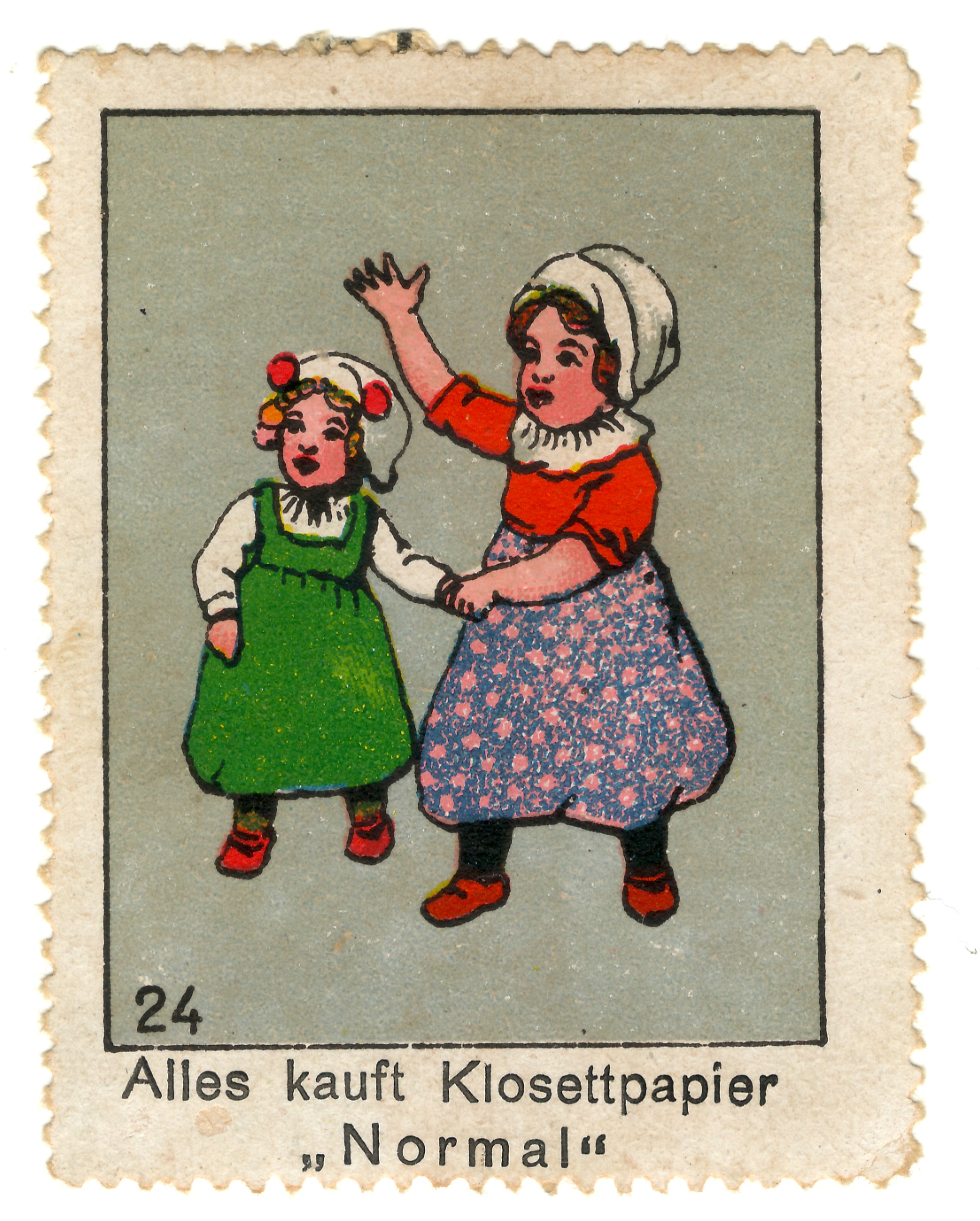 Auf dieser Briefmarke steht der Slogan „Alles kauft Klosettpapier“ unter einem Bild winkender Kinder.