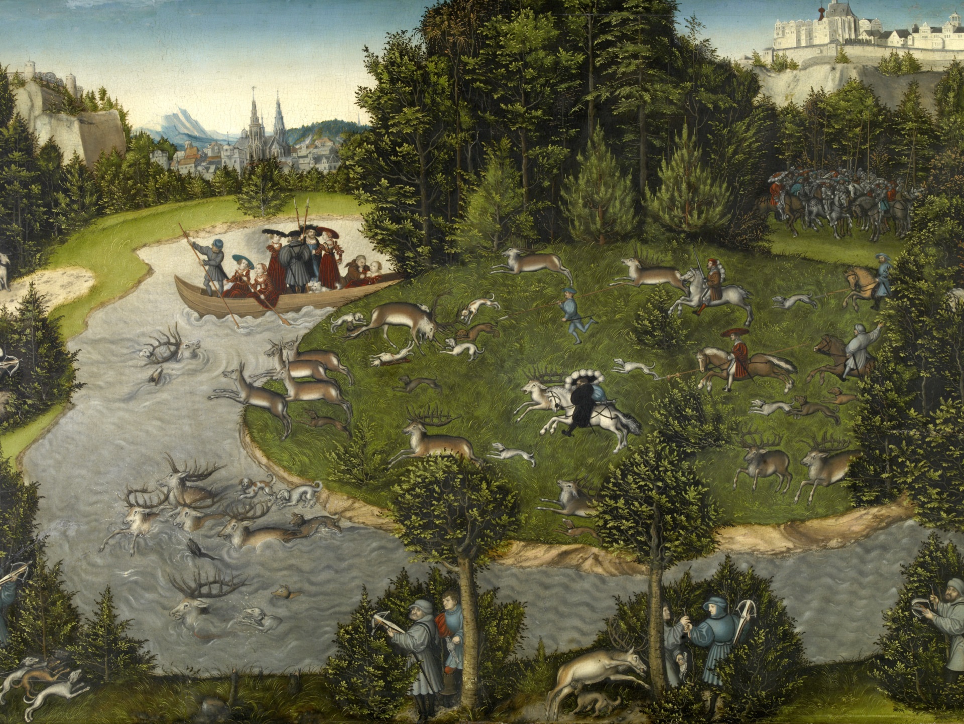 Historisches Gemälde einer Jagdszene mit adeligen Jägern zu Pferd, Jagdhunden und fliehenden Hirschen in einer waldreichen Landschaft. Im Hintergrund eine Stadt mit gotischen Türmen und eine Burg auf einem Hügel.