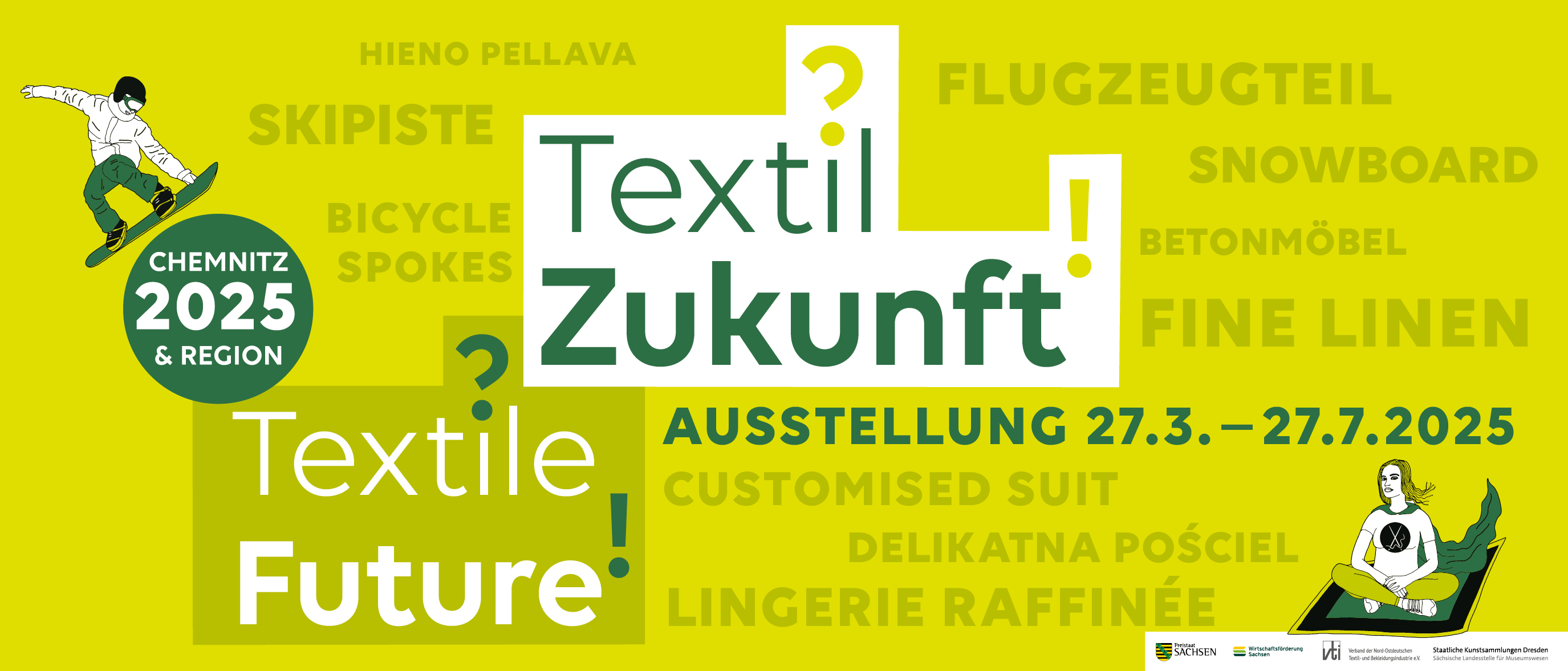 Grünes Plakat mit fliegendem Teppich und dem Ausstellungsnamen