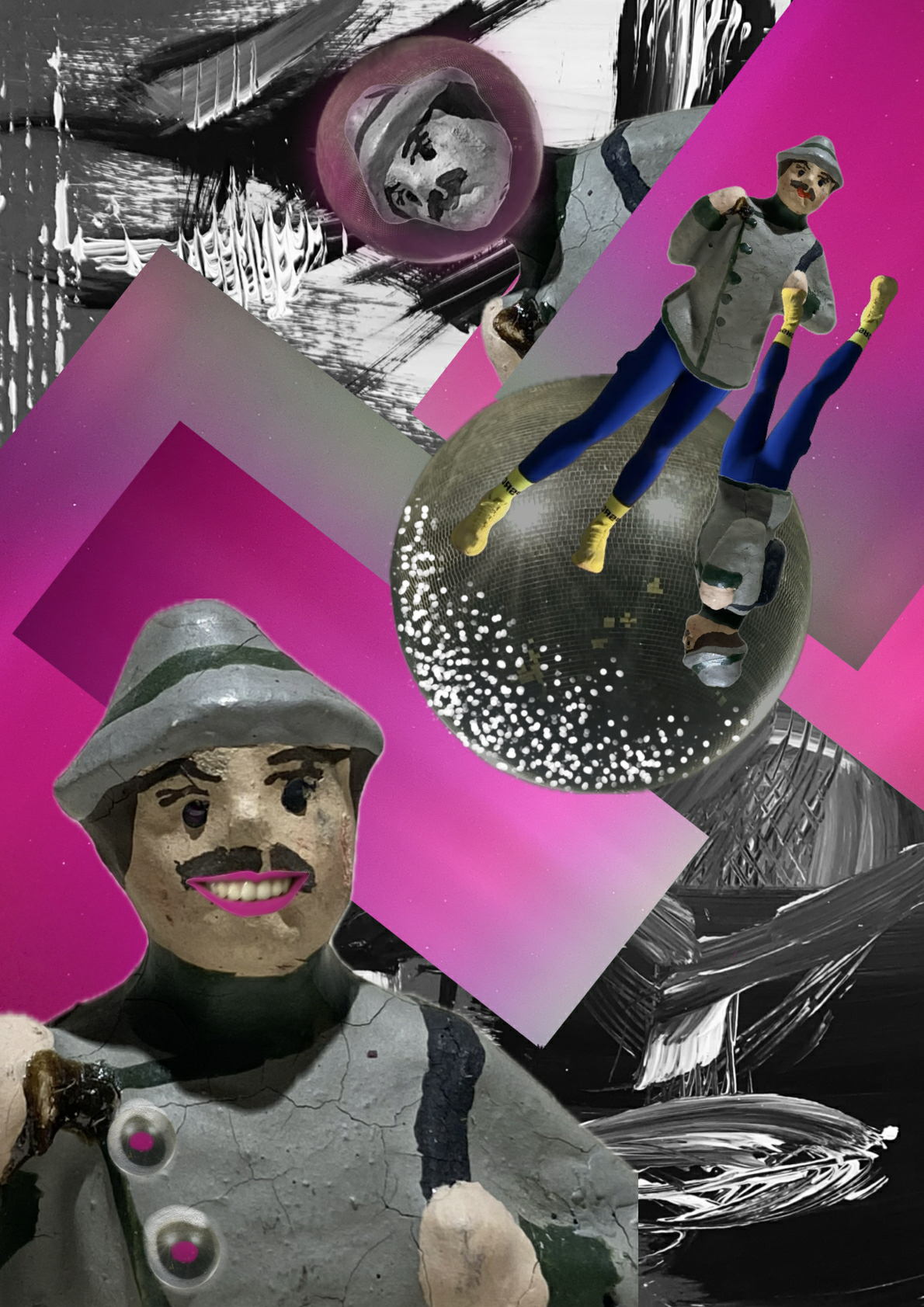 Collage in unterschiedlicher Ausrichtung angeordneter Bergmannsfiguren, an denen sich traditionelle Uniform mit zeitgenössischen Elementen vermengen